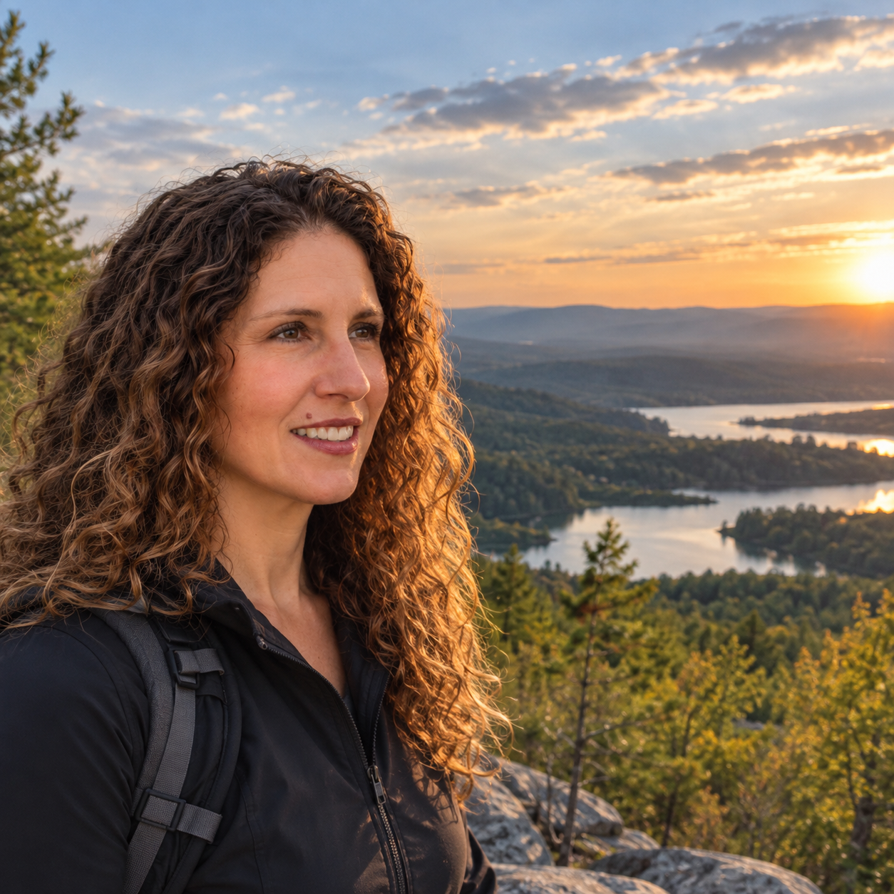 EcoVantage founder overlooking a forested lake at sunset